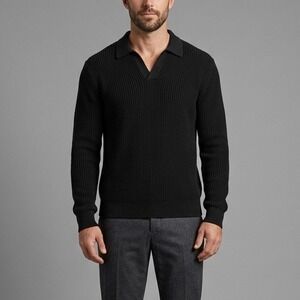 Madewell Men's Black Cotton Shaker Stitch Johnny Collar Polo Sweater Size Medium